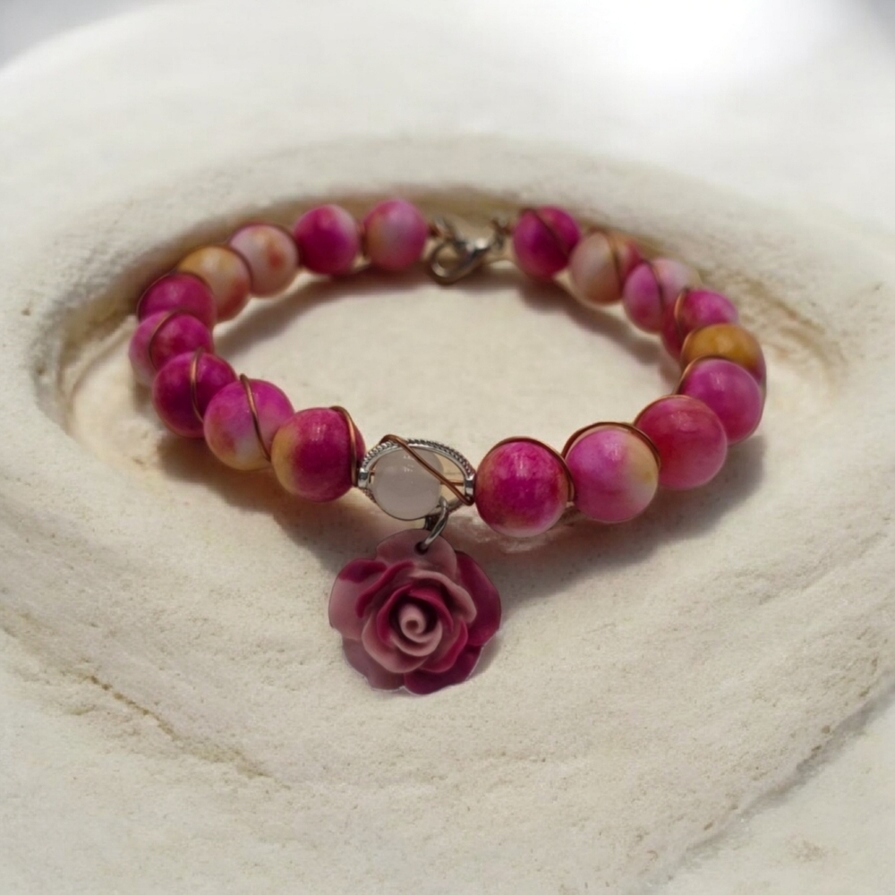 Handmade Wire-Wrapped Pink Rose Beaded Charm Bracelet | Floral Jewelry